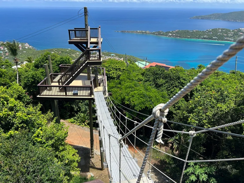 Una torre mirador y un puente de cables sobre la ladera y la bahía
