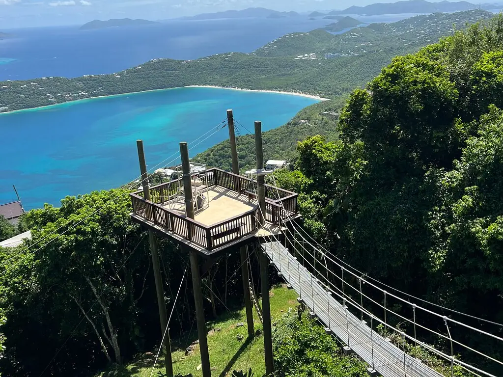 Un puente colgante de cables que lleva a una torre de madera en las copas